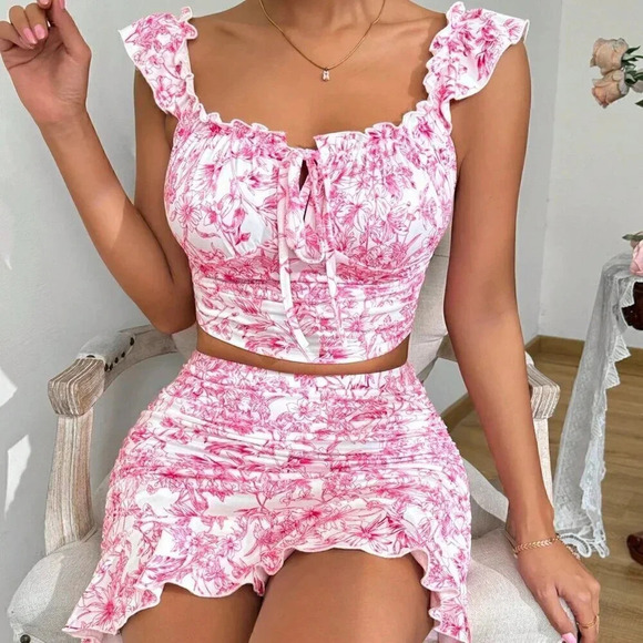 Hot Pink Boho Women's Ruffle Trim Ruffled 2-Piece Set - Picture 3 of 6